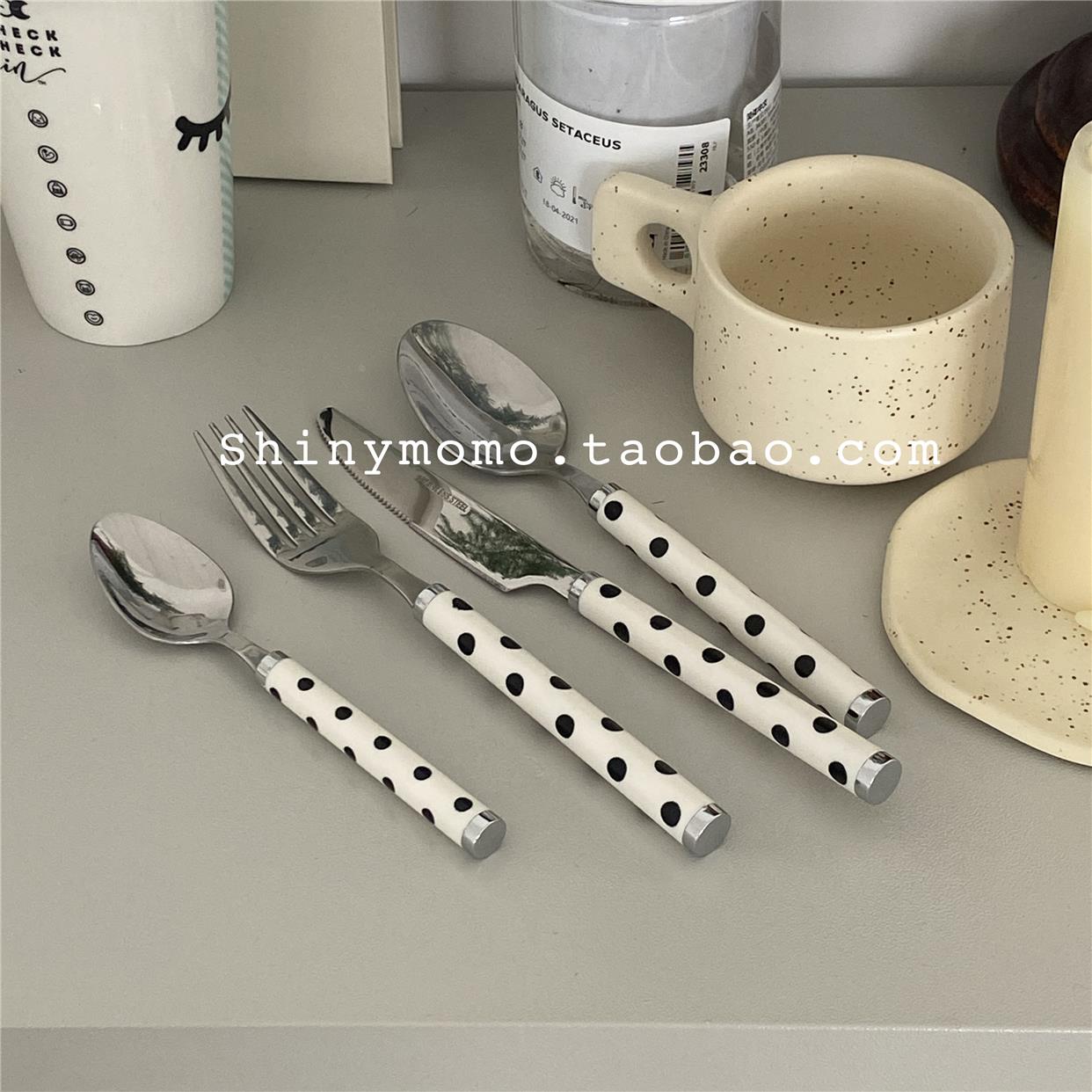 Shinymomo西餐厅不锈钢餐具波点复古款ins博主盘子勺子美食餐具