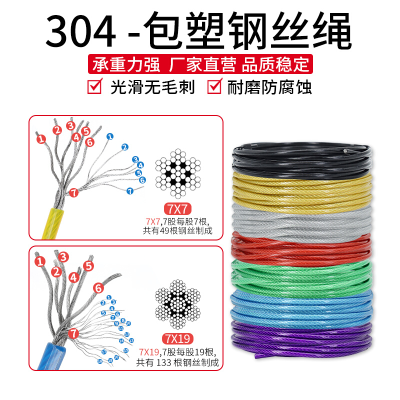 。304不锈钢彩色钢丝绳包塑晾衣绳细软晒衣绳牵引涂塑细软起重绳