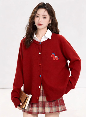马年红色新年圆领彩扣针织开衫毛衣外套女2026春季长袖高级感上衣