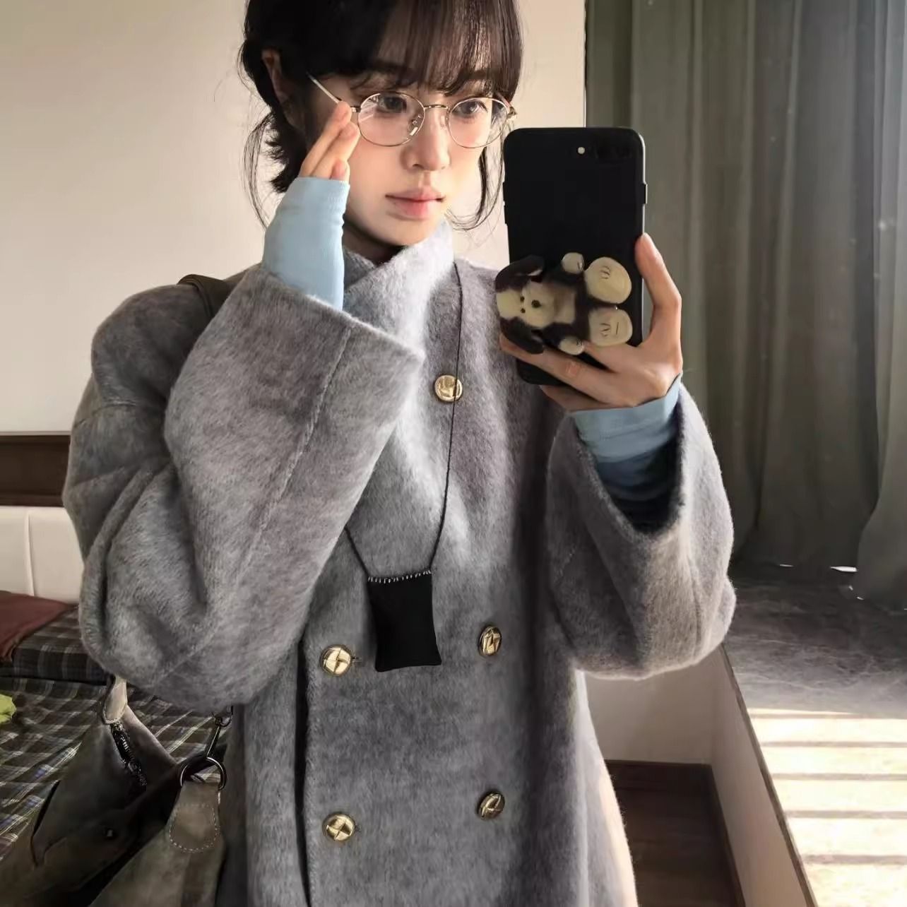 灰色双面绒大衣女2025年新款秋冬感毛呢小个子立领中长款外套