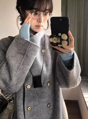 灰色双面绒大衣女2025年新款秋冬感毛呢小个子立领中长款外套