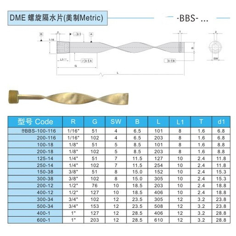 。DME模具螺旋隔水片BBS-100-200-300-400-1/16-1/8-1/4-1/2-3/4