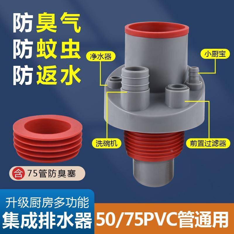 厨房下水管三通洗菜盆洗碗机净水器排水三头通防臭神器集成下水器
