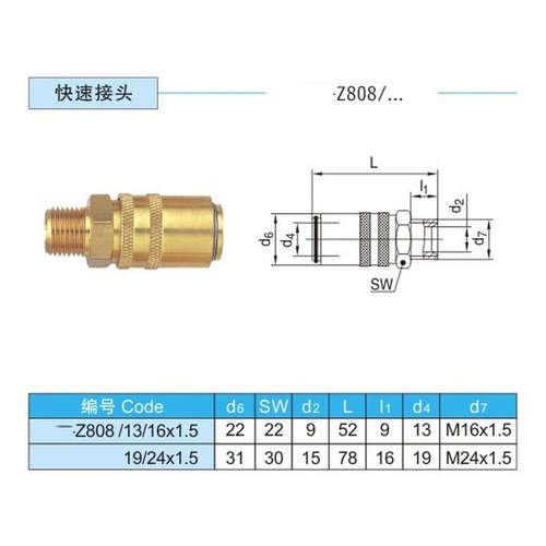 。供应HASCO快速接头模具注塑机配件Z808/13/16*1.5 Z808/19/24*1