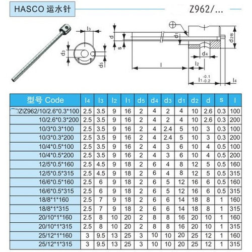 。供应HASCO模具运水针 运水管 冷却针Z962/10/12/16/18/20/25