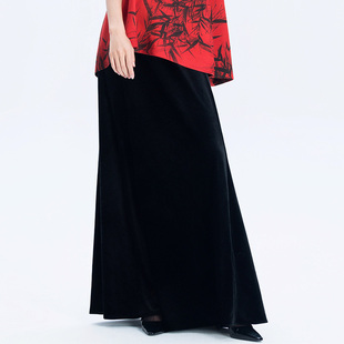 百搭显瘦优雅淑女女装 门里门外2025年新款 黑色醋酸丝绒半身裙长款