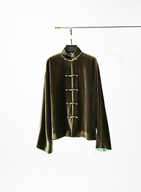 门里门外军绿色真丝丝绒对襟立领外套BR25QW1174A