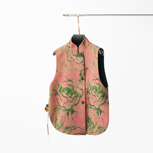 门里门外墨绿色/淡粉色羊毛香云纱双面穿立领马甲BC25DM1230B