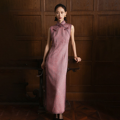 门里门外紫底白墨正绢旗袍连衣裙BC25CQ0532A