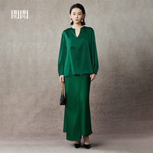 绿色香云纱V领上衣BC24QS0518A绿色香云纱半裙BC24QB0519A