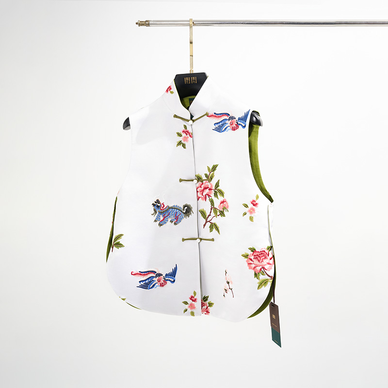 门里门外白色拼绿色绿库缎双宫双面穿马甲BC25CM0318Z