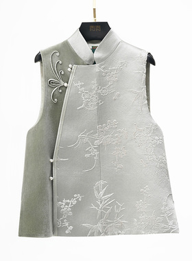 门里门外银灰色拼绿色丝绒拼接漳缎马甲BC25DM1318C