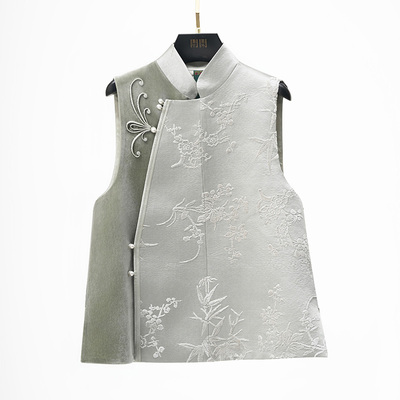 门里门外银灰色拼绿色丝绒拼接漳缎马甲BC25DM1318C