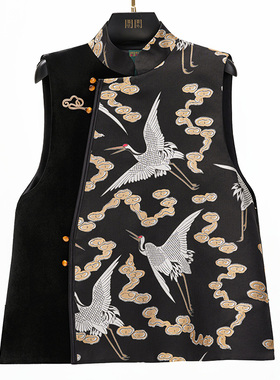 门里门外黑色宋锦拼丝绒立领马甲BR26CM0060F