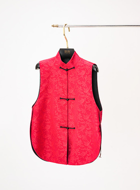 门里门外红色/黑色花鸟纹真丝双面穿马甲BC25DM1230L