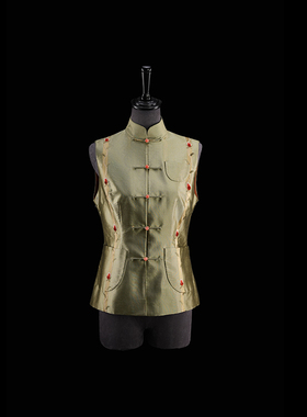 门里门外黄绿色双宫藤蔓绣花马甲BC24XM0194B