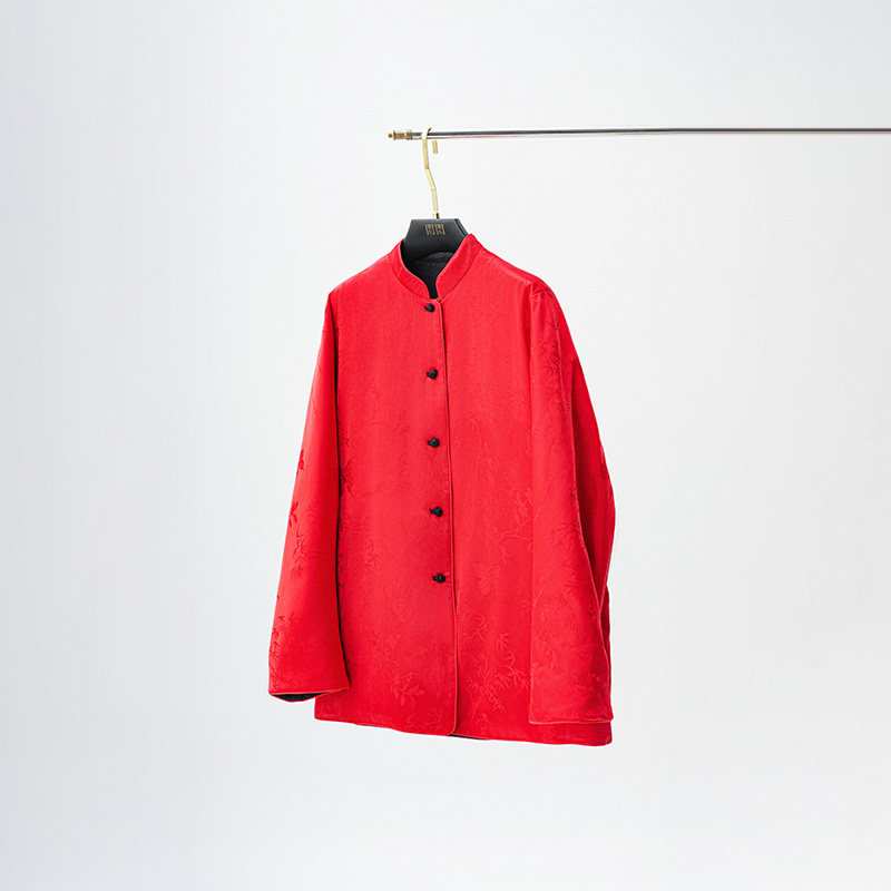 门里门外黑红竹叶提花夹棉双面穿外套BR25DW1243C