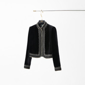 BR25DK1290A 黑色丝绒对襟外套BR25QW1052A黑色丝绒假两件阔腿裤