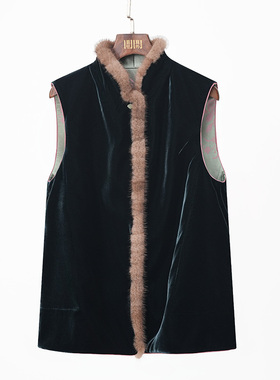 门里门外墨绿丝绒对襟毛领拼绿色真丝提花双面穿马甲BC25DM1229A