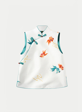 【童装】门里门外白色金鱼双宫刺绣斜襟立领马甲BR24DM1000B