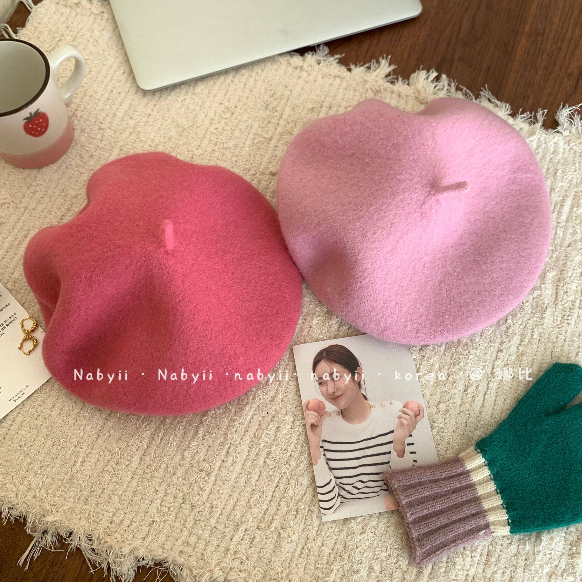 娜比】定染新色~显白桃粉色羊毛呢画家贝雷帽石原里美冬百搭