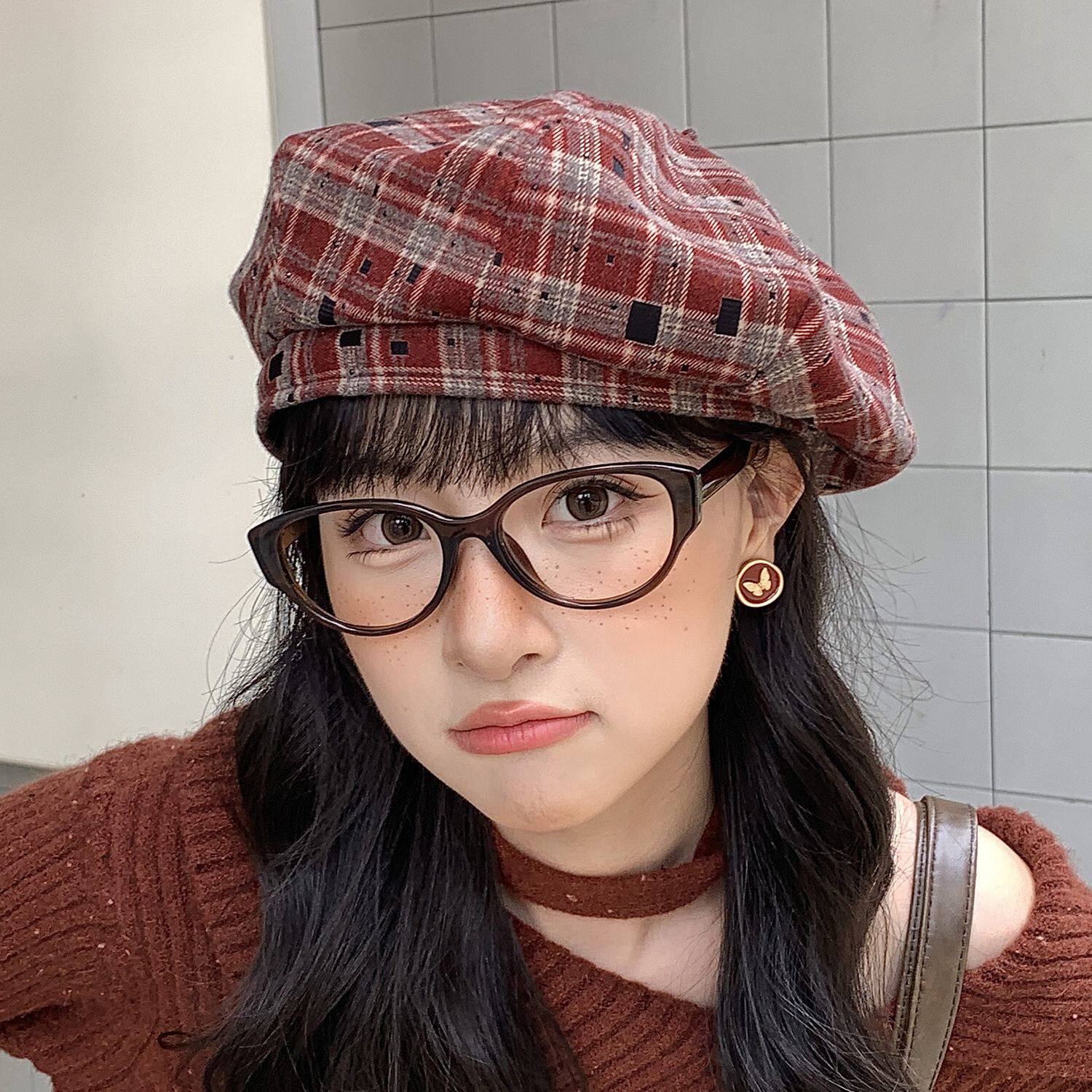 日系博主推荐洋气格子贝雷帽早秋新款女生文艺画家帽韩版南瓜帽潮