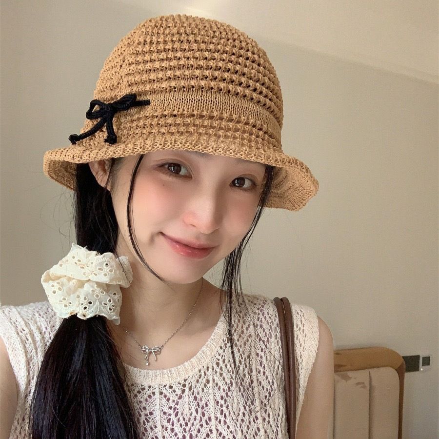 甜味荡漾~夏季出游镂空蝴蝶结草帽女日系大檐遮阳防晒百搭渔夫帽
