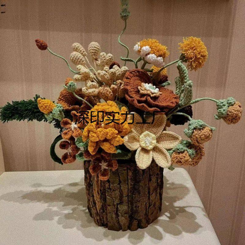 复古针织花朵diy材料包编织钩针花花盆栽成品教师节手工礼物材料