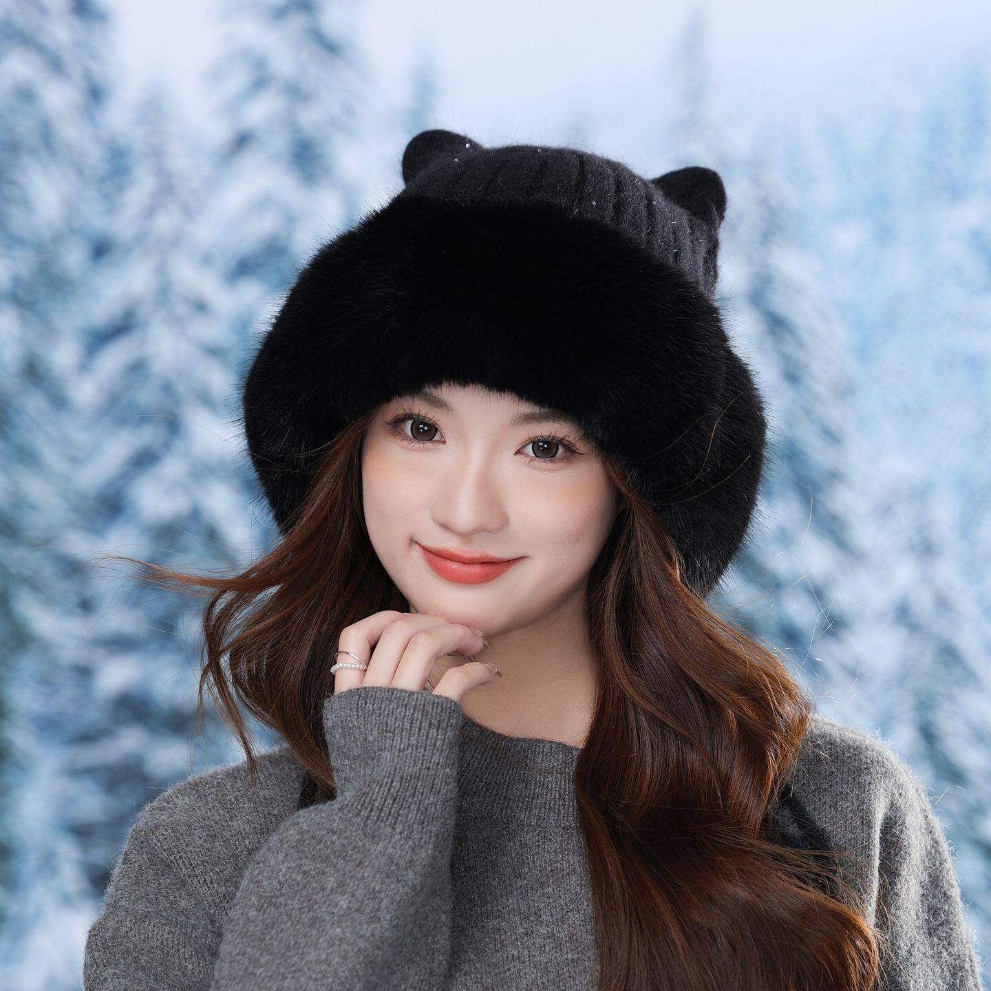 甜美猫耳加厚毛绒帽女秋冬针织绑带保暖显脸小冬季防风防寒雪地帽