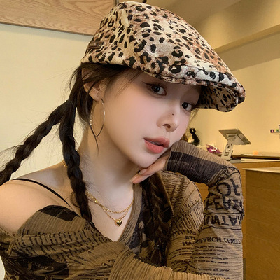 亚文化美式复古豹纹前进帽女春夏薄款大头围显脸小时髦文艺报童帽