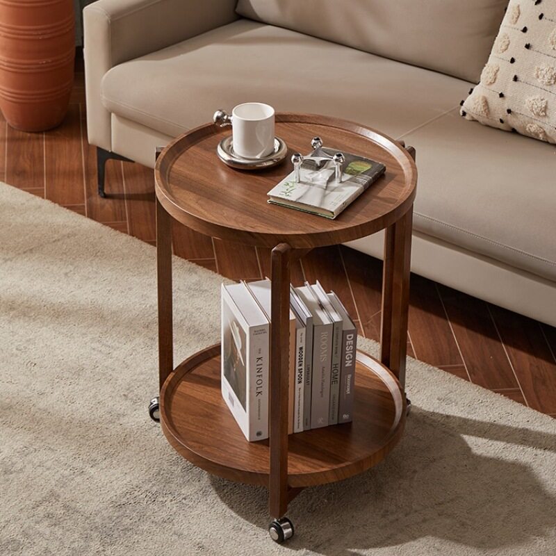 ?可移动小推车边几客厅茶几沙发厨房推车橡胶木置物架移动茶几