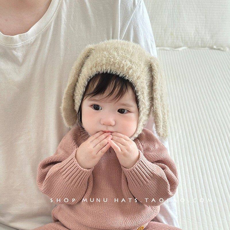 婴儿帽秋冬羊毛帽婴幼儿韩式兔耳毛绒护耳帽加厚保暖针织帽