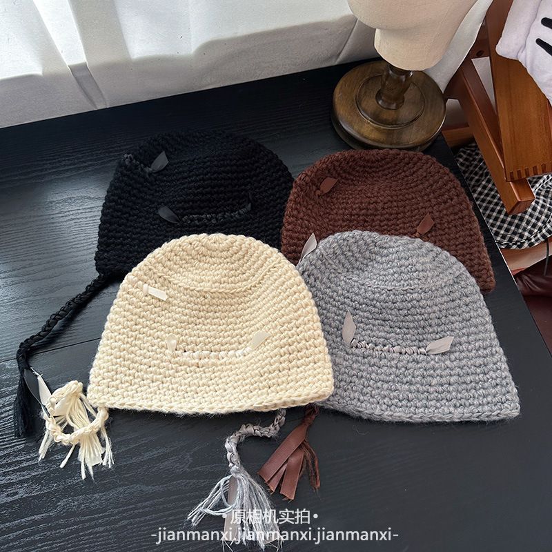 韩国小众设计师款手工针织流苏毛线帽女秋冬氛围感穿搭针织冷帽
