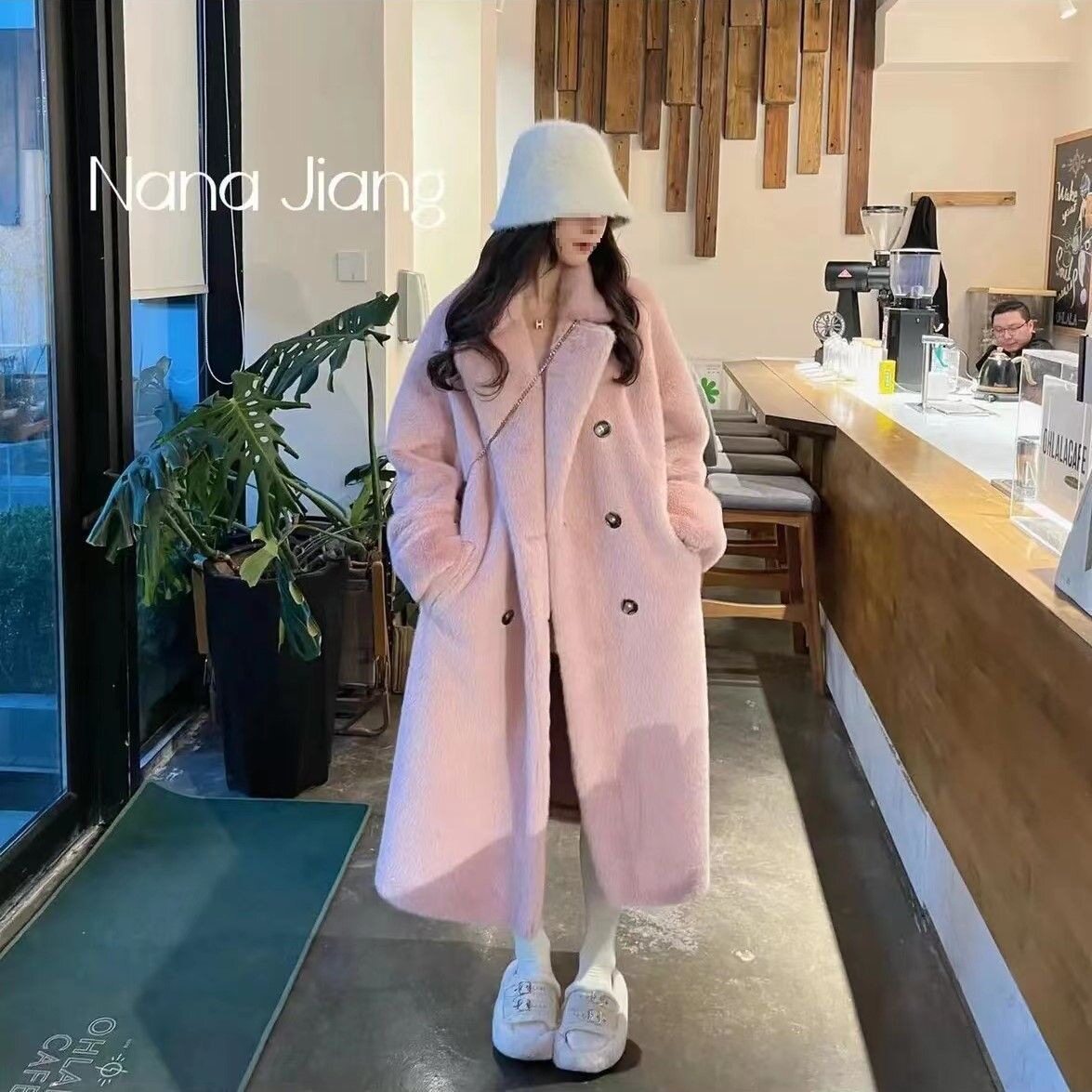 冬季仿水貂皮草外套女年轻款皮毛一体西服领宽松加厚大衣粉色