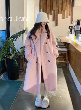 冬季仿水貂皮草外套女年轻款皮毛一体西服领宽松加厚大衣粉色