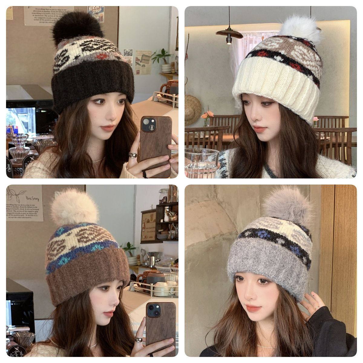 秋冬费尔岛系套头帽女士款加绒加厚保暖针织帽显脸小大头围毛线帽