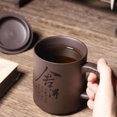 国风紫砂泡茶杯个人专用陶瓷水杯大容量带盖家用办公杯水杯