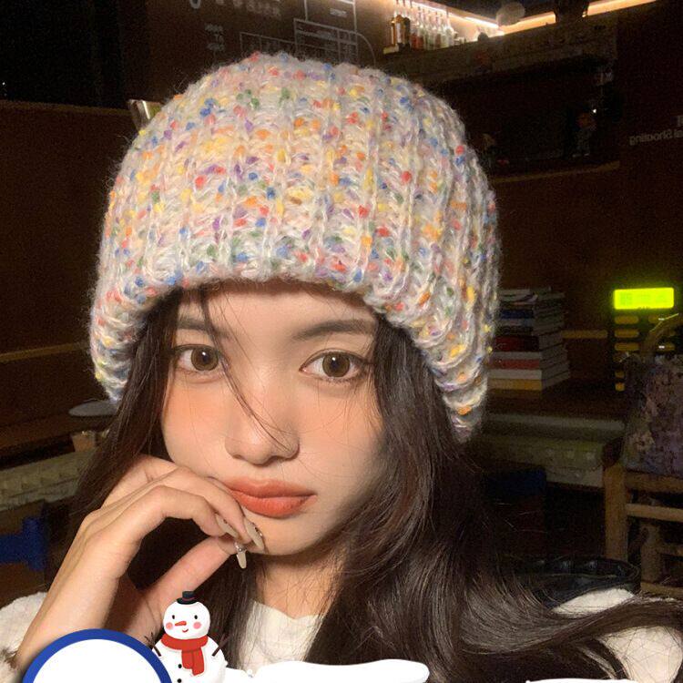 糖果色可爱少女毛线帽女秋冬保暖大头围显脸小针织堆堆帽潮