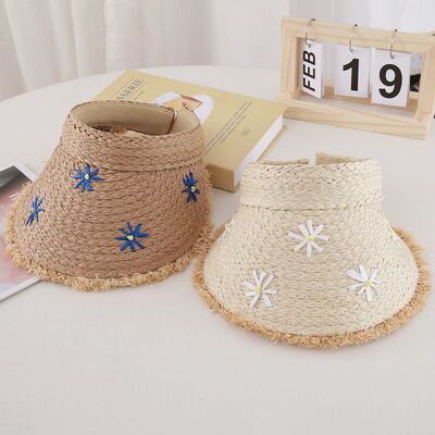 2025年春新款雏菊拉菲草编织空顶帽大帽檐海边沙滩遮阳防晒草帽