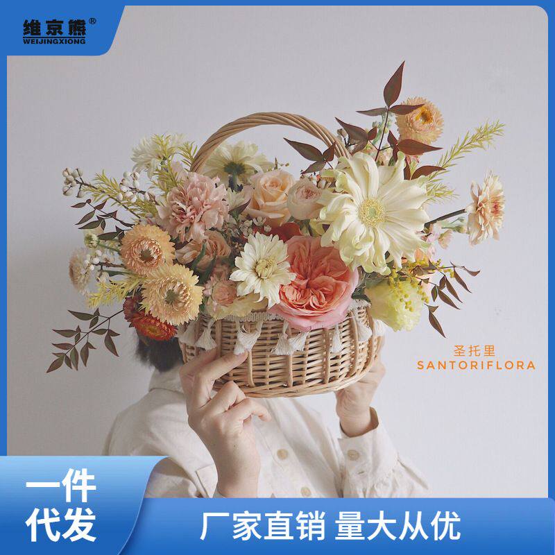 花篮装饰藤编野餐手提干花鲜花插花篮子摆件假花清明节花篮花烛优