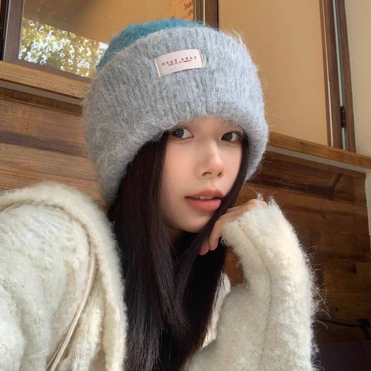 高级感拼色水蓝羊毛混纺加厚针织帽女秋冬显脸小大头围保暖冷帽男
