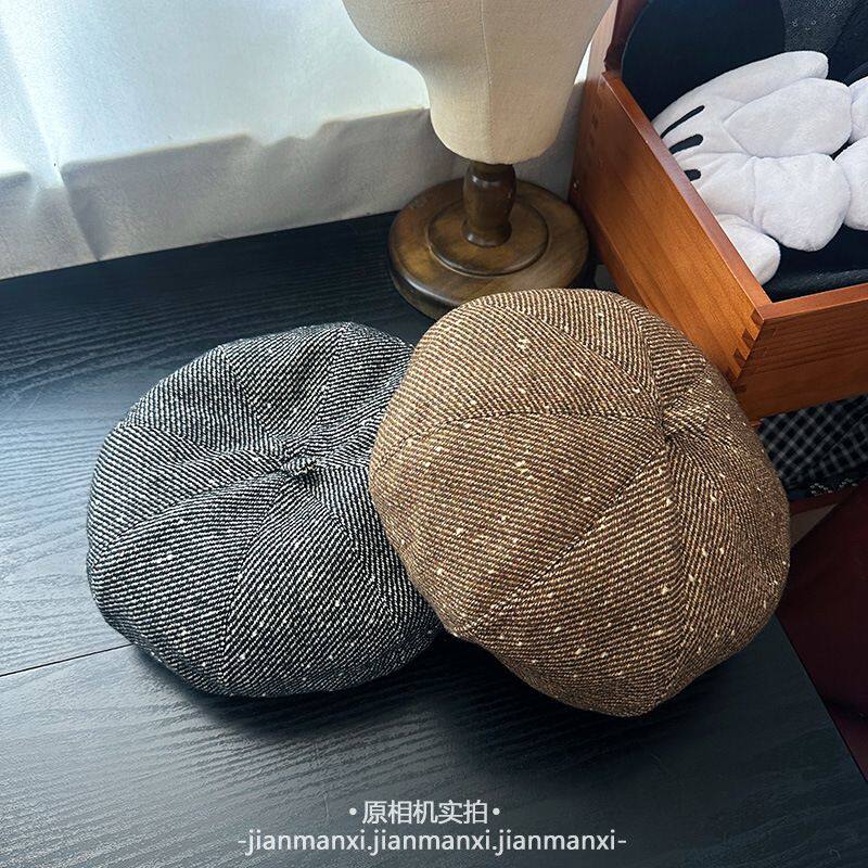 秋冬新款粗花呢子羊毛贝雷帽女英伦风时尚潮流显脸小蓓蕾帽南瓜帽
