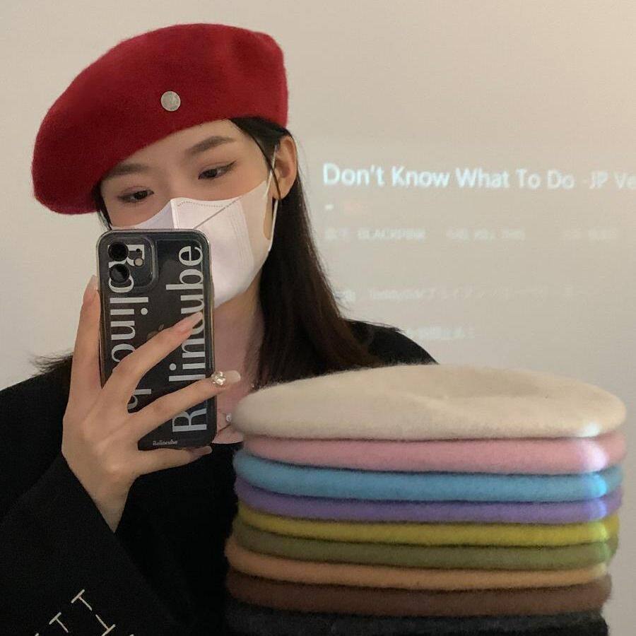 羊毛贝雷帽女秋冬大头围显脸小八角帽红色韩版百搭蓓蕾帽洋气红色