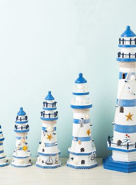 蓝白条纹大号木质灯塔海洋灯塔瞭望塔地中海风格家饰摆件手工艺品
