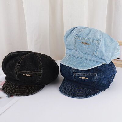 牛仔拼接休闲复古时尚百搭街头出游八角帽画家帽报童帽大头显脸小