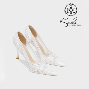 单鞋 女尖头高跟鞋 小众旗袍伴娘订婚 白色婚纱蕾丝刺绣婚鞋 KAKA法式