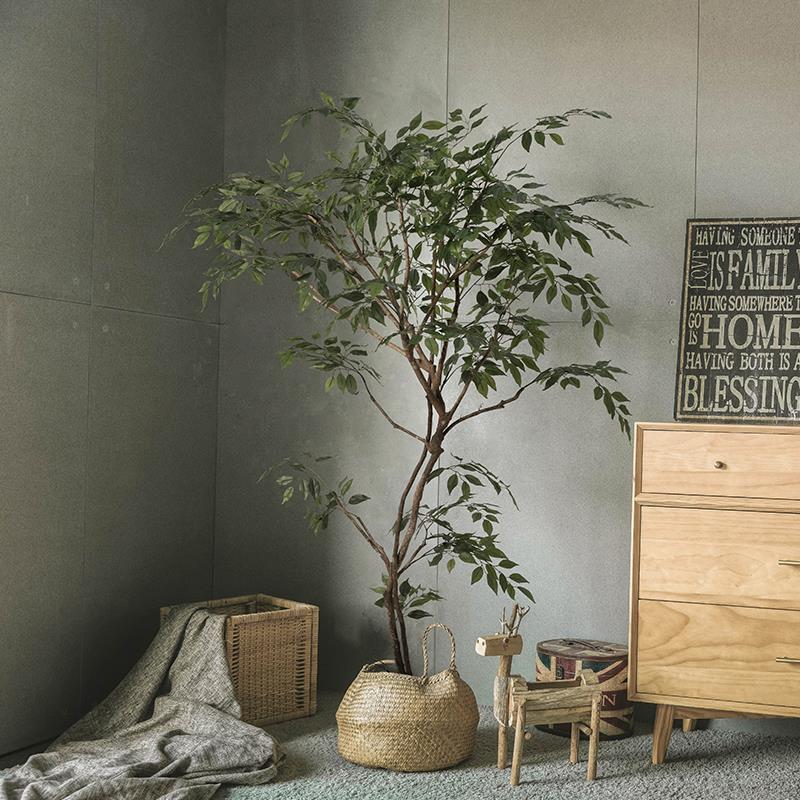 彷真绿色植物室内榕树高端侘寂彷生植物真树杆假树落地盆栽装饰摆