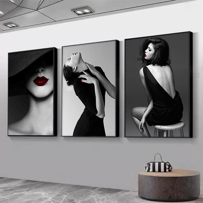 高级感黑白美女人物美容院装饰画 画轻医美轻奢艺术服装店理髲店