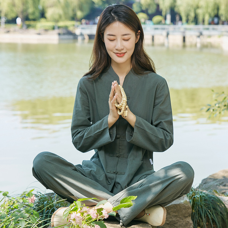 禅修服新款套装棉麻服打坐茶服宽松服练功瑜伽太极中医女居士
