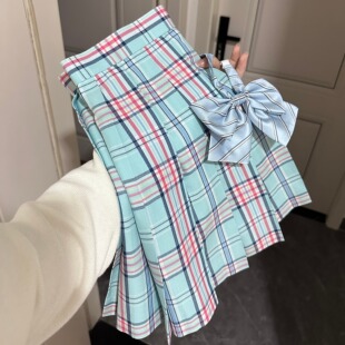 四方晴 a字裙 忘川原创高定jk制服裙校供感裙百褶半身裙蓝粉格正版
